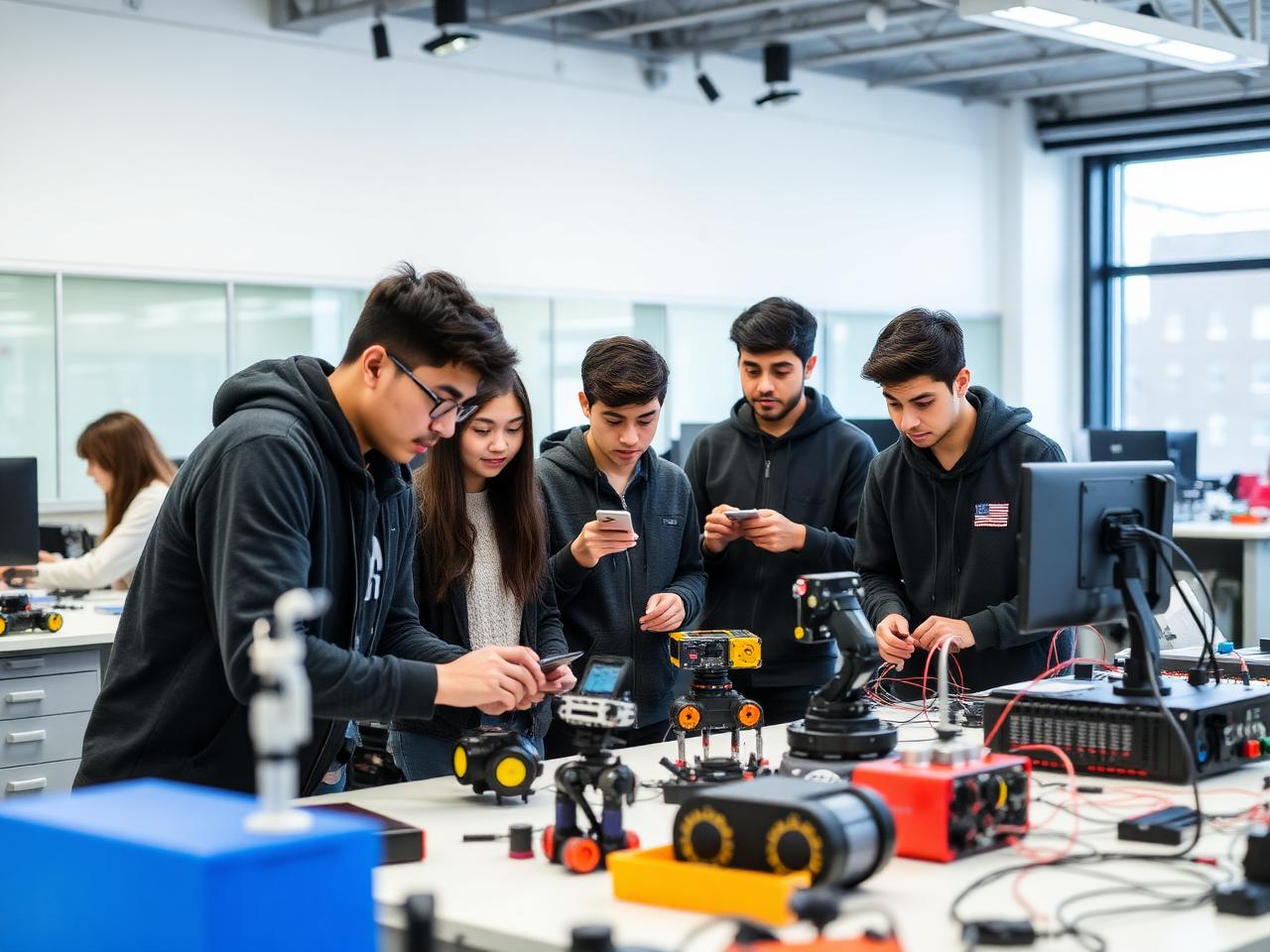 Students working in a modern innovation and robotics laboratory