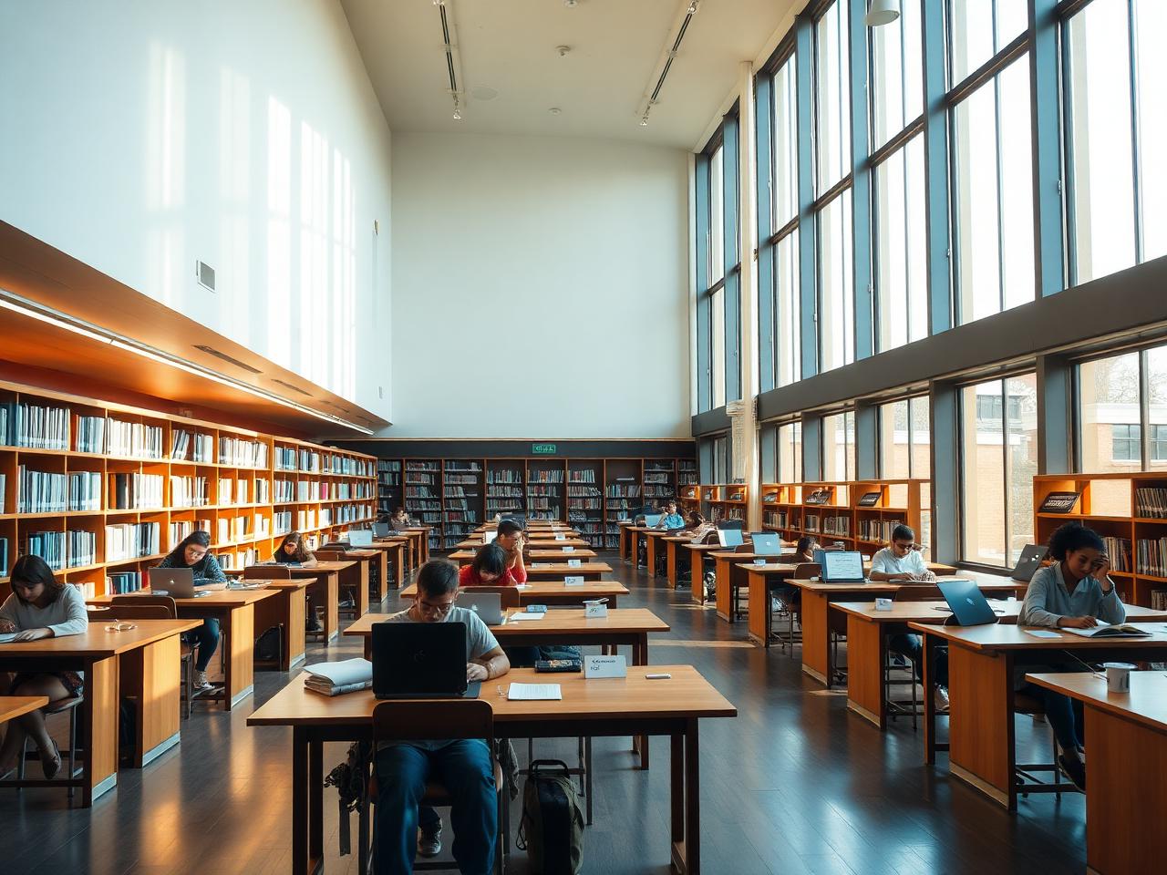 Bright university library with students studying