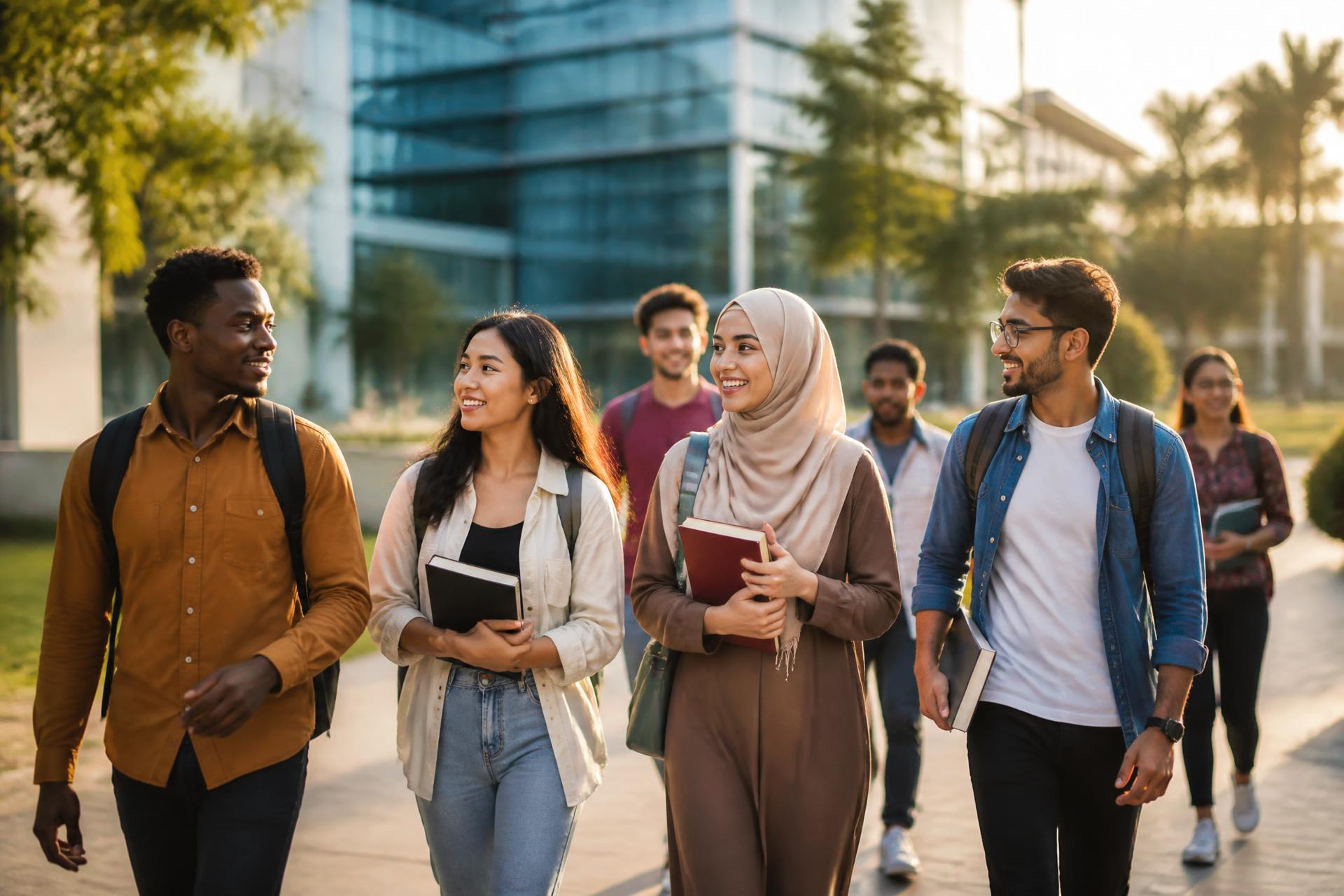 International students from Africa, Asia and the Middle East walking together on the Vignan University campus in India
